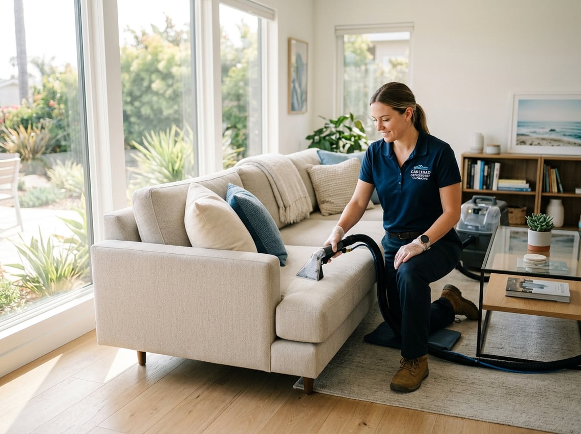 A professional cleaner using a handheld machine to clean a sofa in a bright living room.