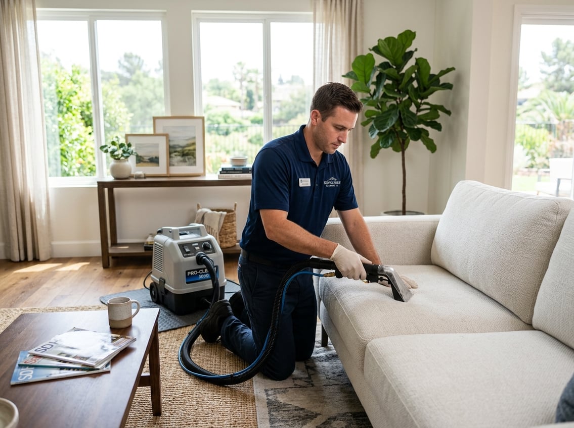 Best Upholstery Cleaners in Scripps Ranch, San Diego: Top Professional Services for 2026 1 A person cleaning a light-colored sofa with a professional upholstery cleaning machine in a bright living room.