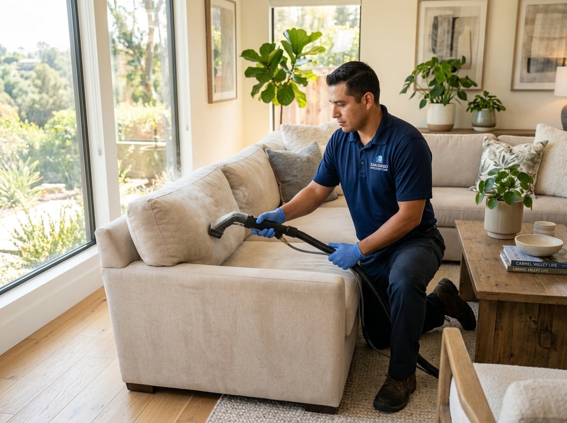 A person cleaning a beige sofa in a bright living room with plants and a coffee table.