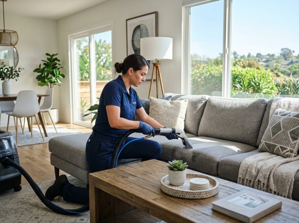 A professional cleaner cleaning a sofa in a bright living room.