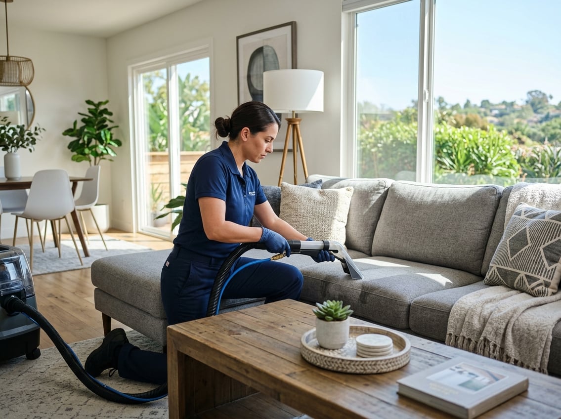 A professional cleaner cleaning a sofa in a bright living room.