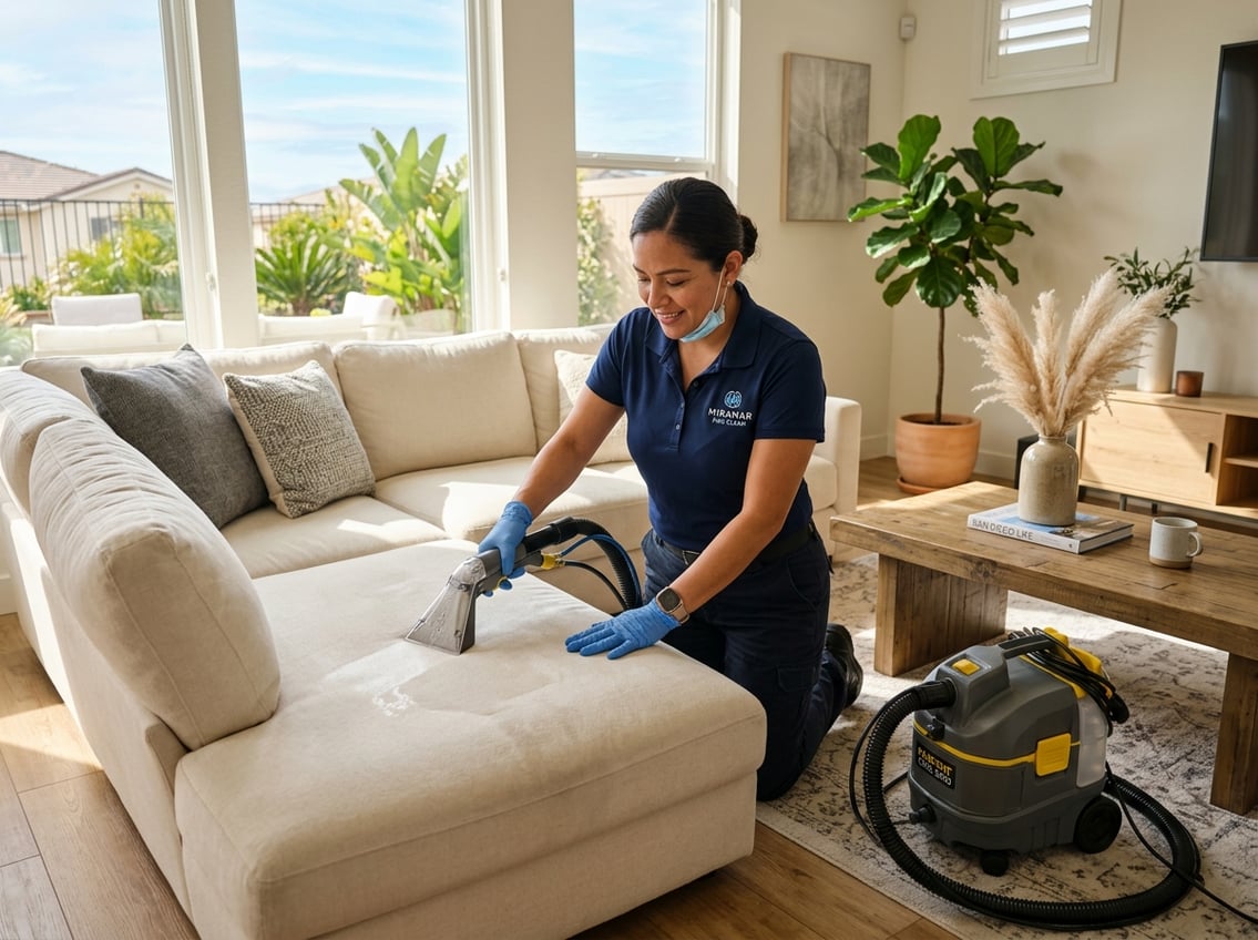 A professional cleaner using a machine to clean a sofa in a bright living room.