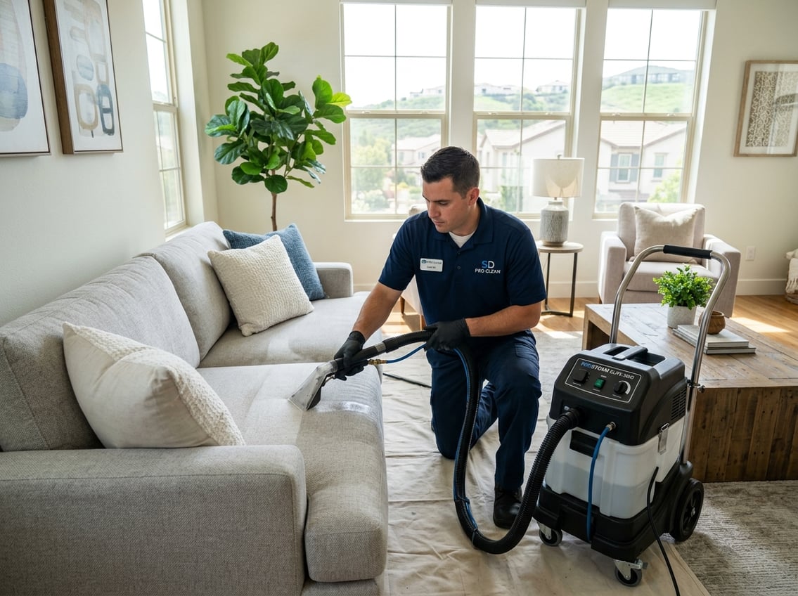 A professional cleaner using a steam cleaning machine on a light-colored sofa in a bright living room.