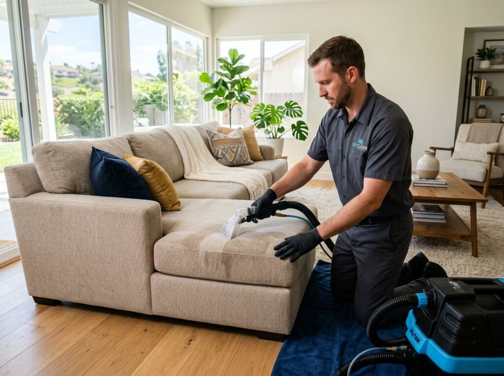 A person cleaning a sofa with a professional upholstery cleaning machine in a bright living room.
