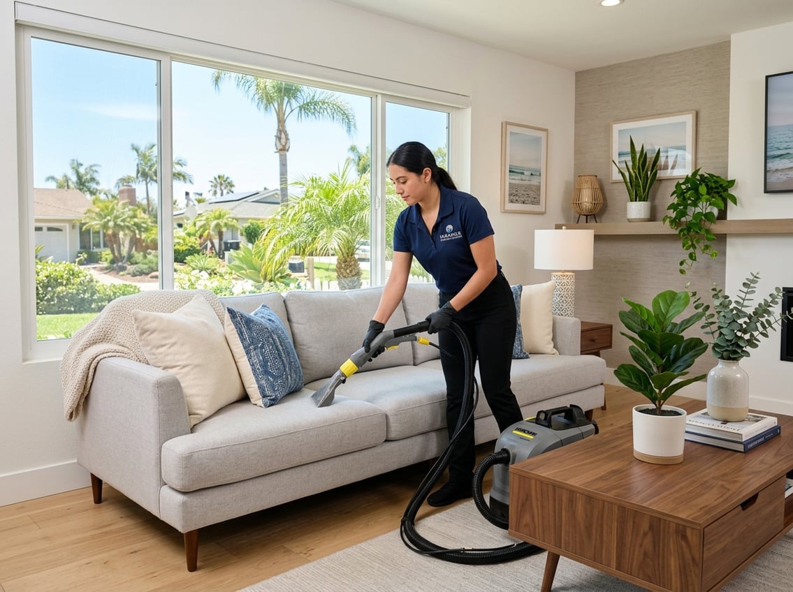 A professional cleaner cleaning a sofa in a bright living room with large windows and home decor.
