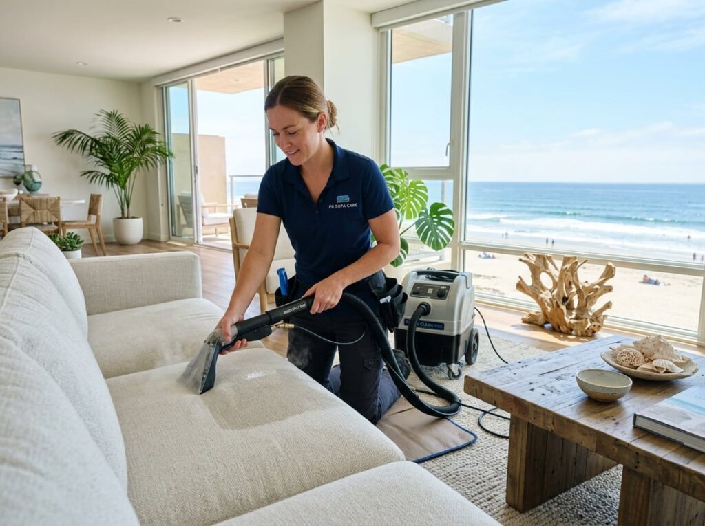 Best Upholstery Cleaners in Pacific Beach, San Diego: Top Professional Services for 2026 2 A professional cleaner using a machine to clean a sofa in a bright living room with coastal decor and a view of the beach.