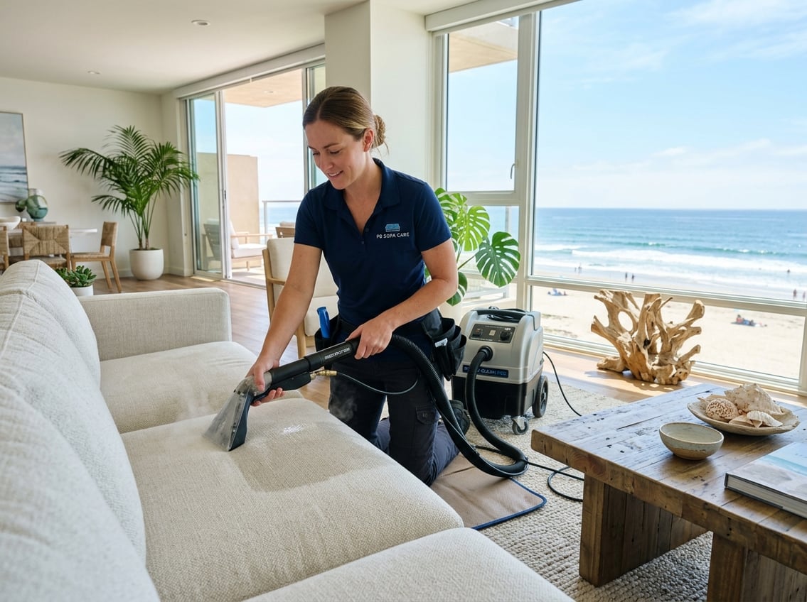 Best Upholstery Cleaners in Pacific Beach, San Diego: Top Professional Services for 2026 3 A professional cleaner using a machine to clean a sofa in a bright living room with coastal decor and a view of the beach.